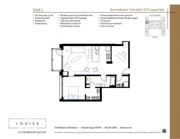 1 Bed 1 Bath (L) Floor Plan at The Louisa Apartments in Portland, Oregon